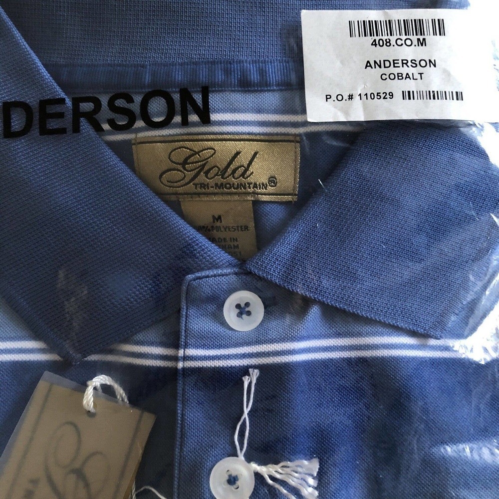 Gold Tri-Mountain Blue White StripePolo Shirt Short Sleeve Men's Size M NWT - Picture 2 of 6